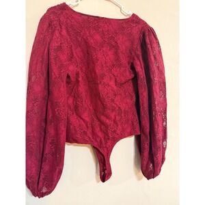 EXPRESS‎ Burgundy Lace Puff Sleeve  Bodysuit Women's Size S Romantic Feminine